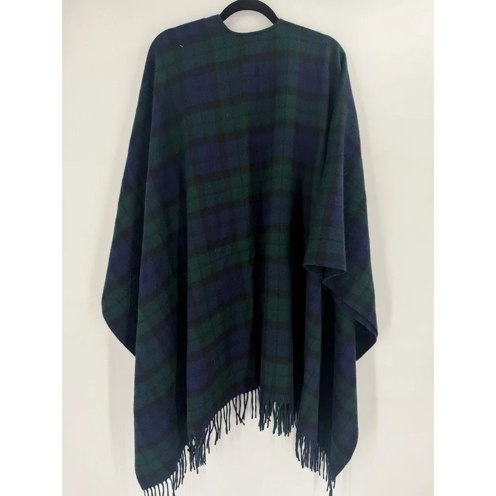 J.Crew Poncho Scarf Women XS/S Blue Green‎ Plaid Wool Blend Fringe Preppy NWT